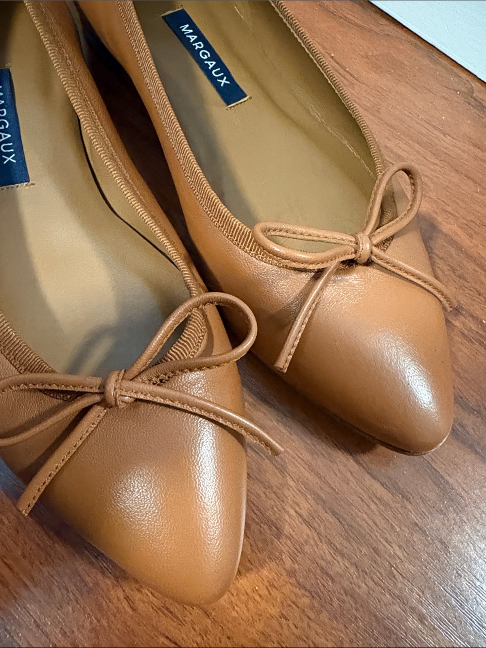 Margaux Cognac Pointed-Toe Bow Flats - Picture 3 of 6